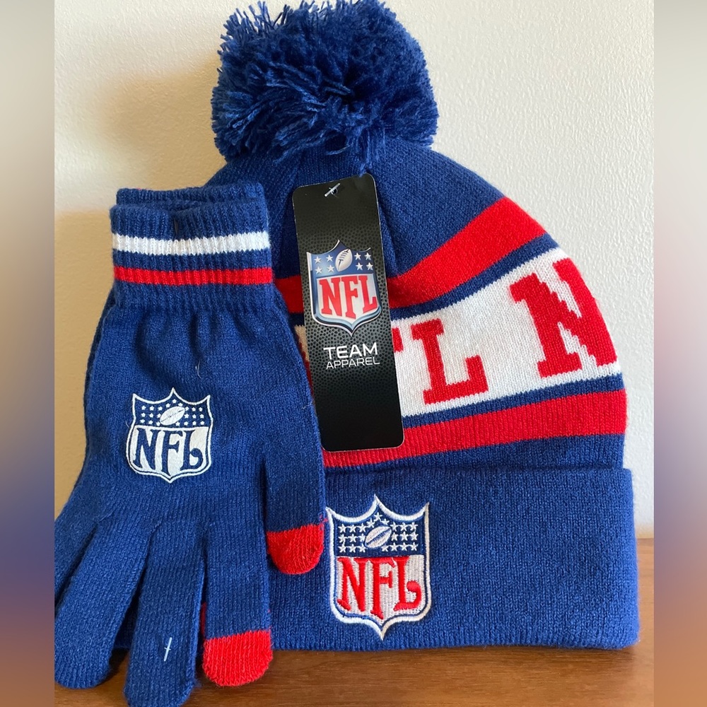 NFL LOGO "TEAM APPAREL"  Navy/ Red & White Knit Winter Hat & Glove Set NWT